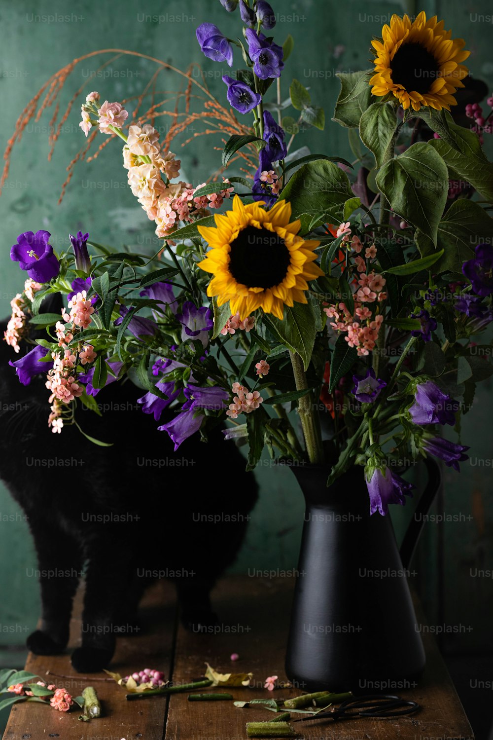 Eine schwarze Katze, die neben einer Vase mit Blumen steht
