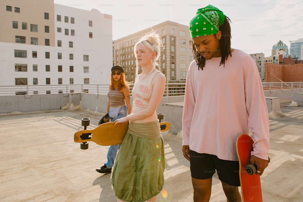 Eine Gruppe junger Leute mit Skateboards auf einem Dach
