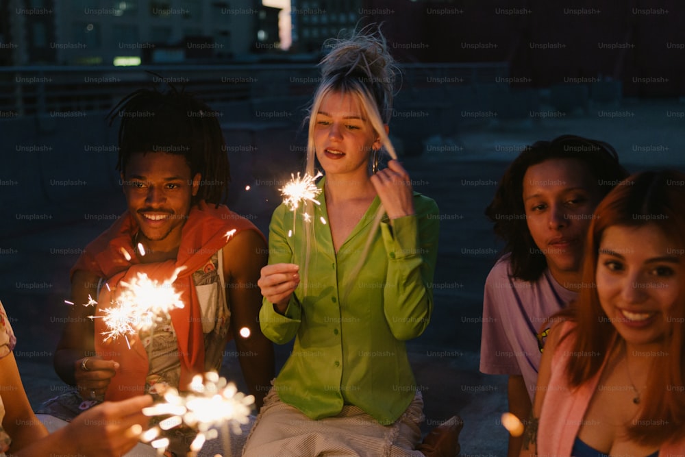 a group of people sitting around each other holding sparklers