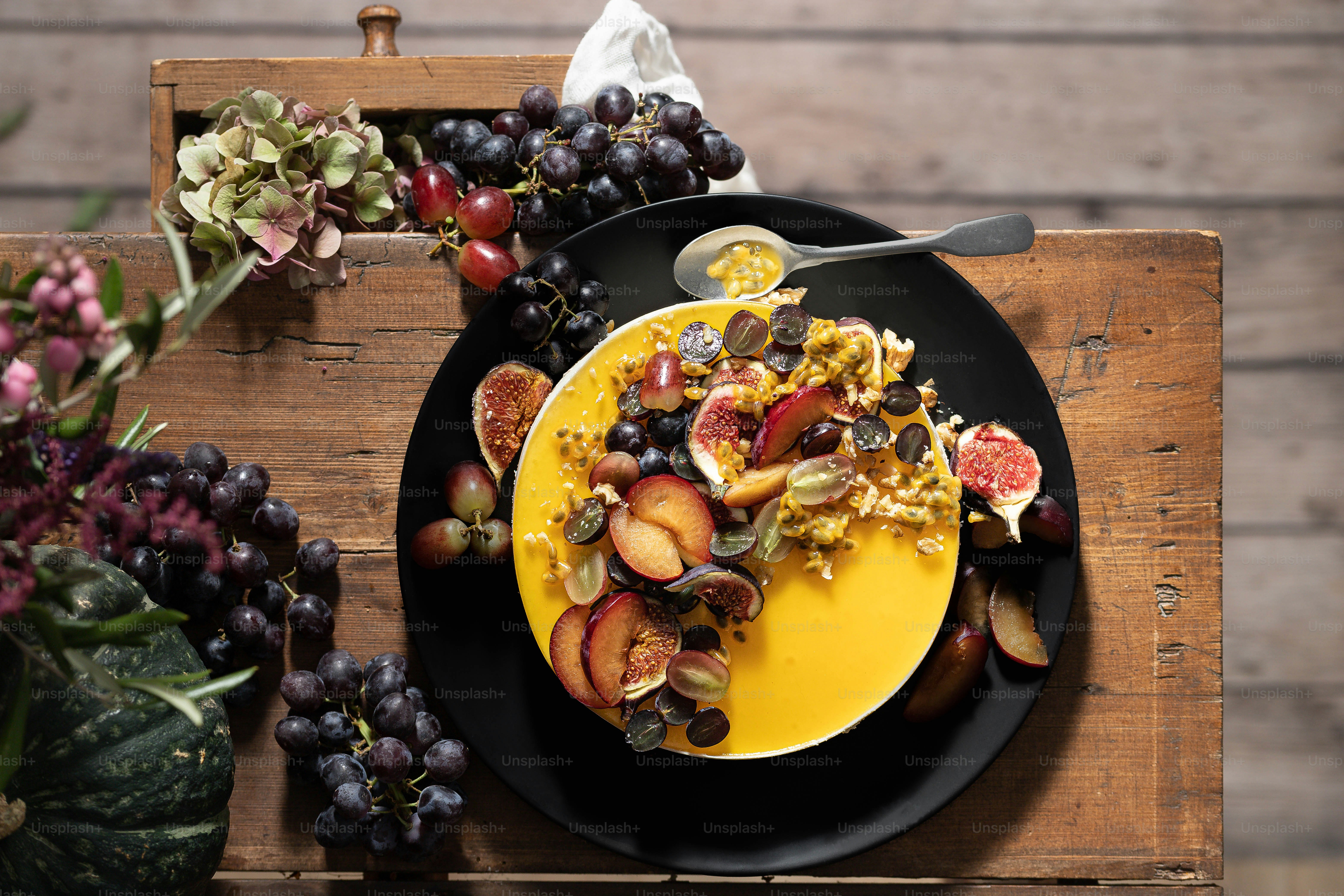 a plate of food on a wooden table