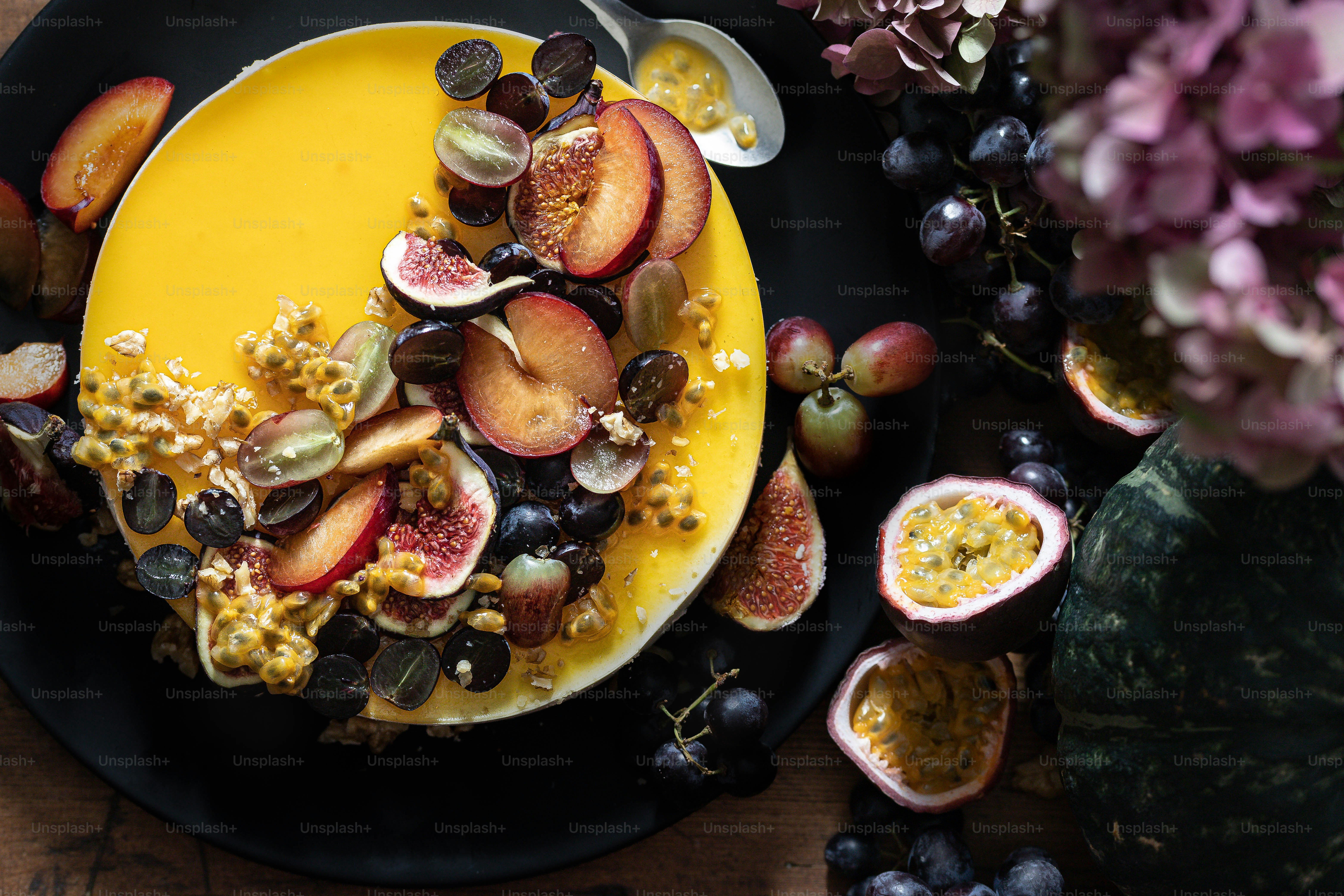 a yellow plate topped with fruit and cereal