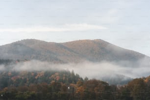 uma vista de uma montanha coberta de nevoeiro