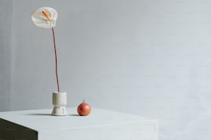 a white vase with a flower and an apple on a table