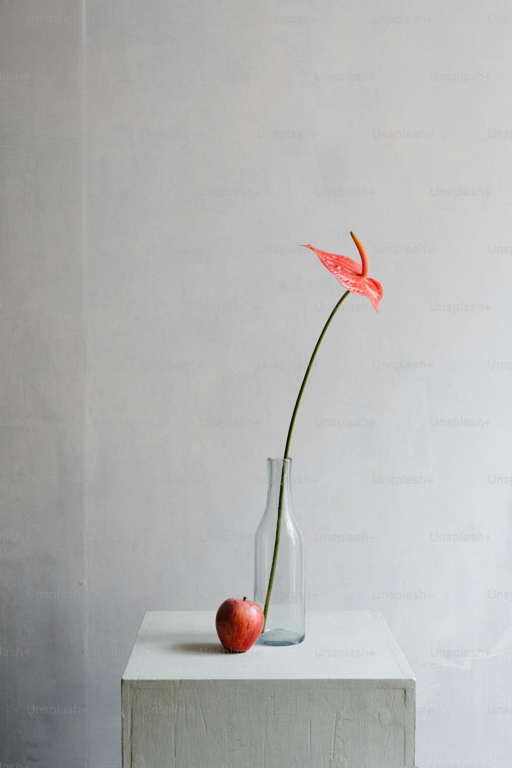 Un jarrón con una flor y una manzana sobre una mesa