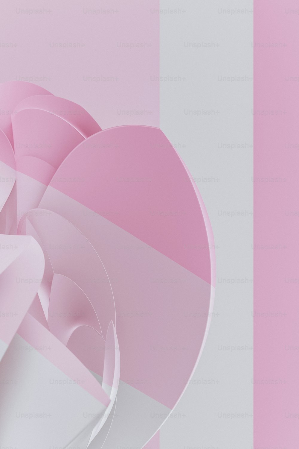 a pink and white background with a circular object in the middle