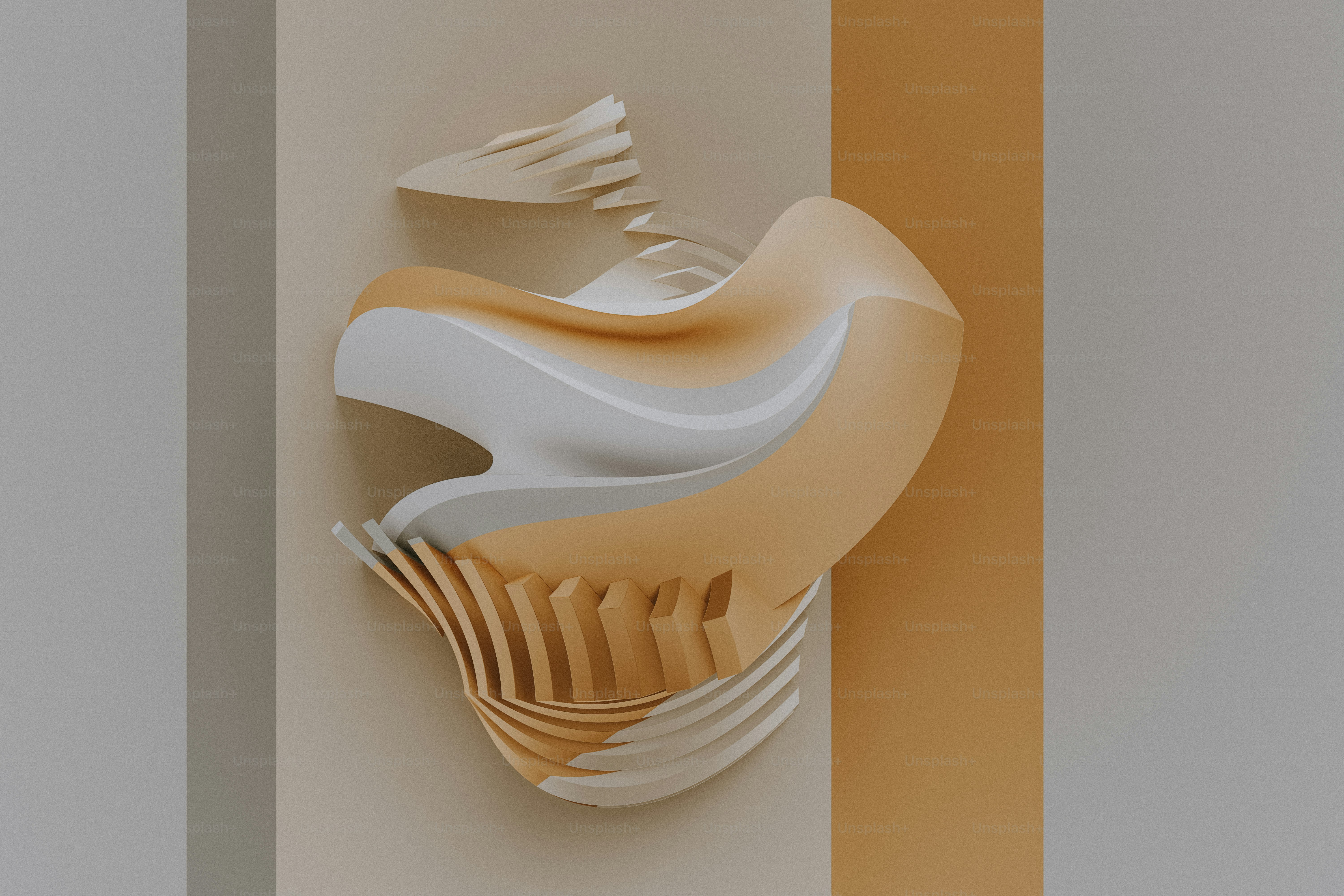 a white and beige abstract sculpture on a wall