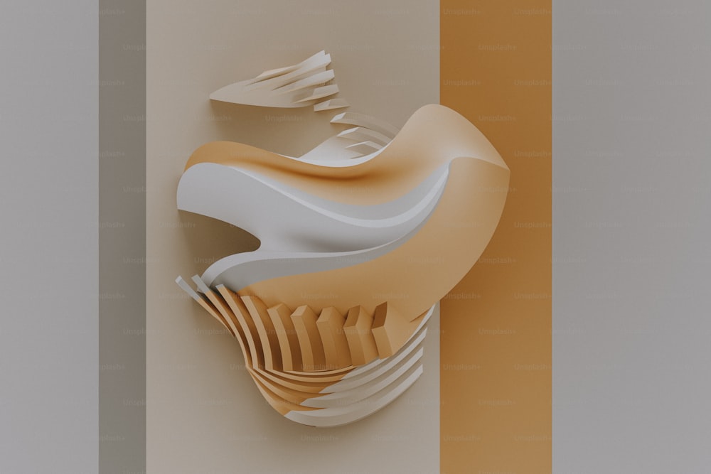 a white and beige abstract sculpture on a wall