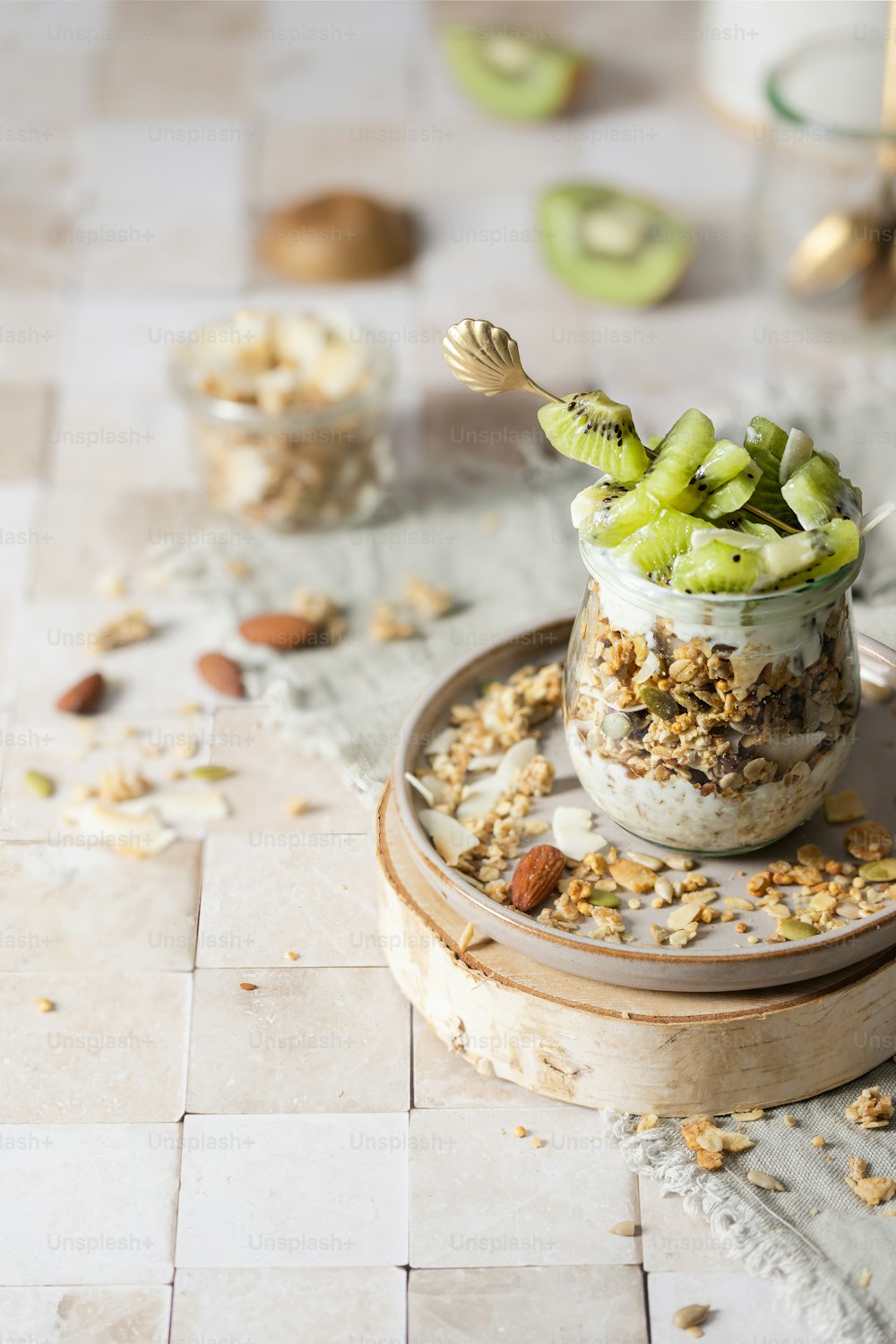 a jar filled with granola sitting on top of a table