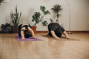 two women are doing yoga on mats in a room