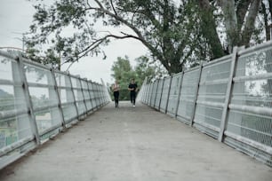 a couple of people walking across a bridge