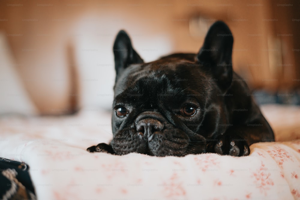 un chien noir allongé sur un lit