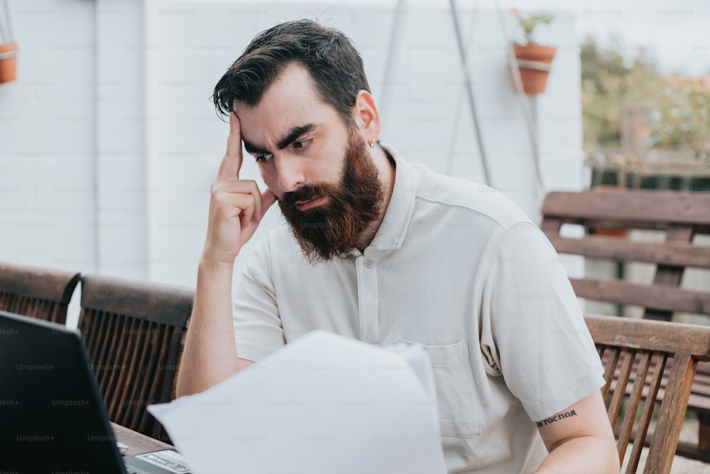 a man with a beard sitting in front of a laptop