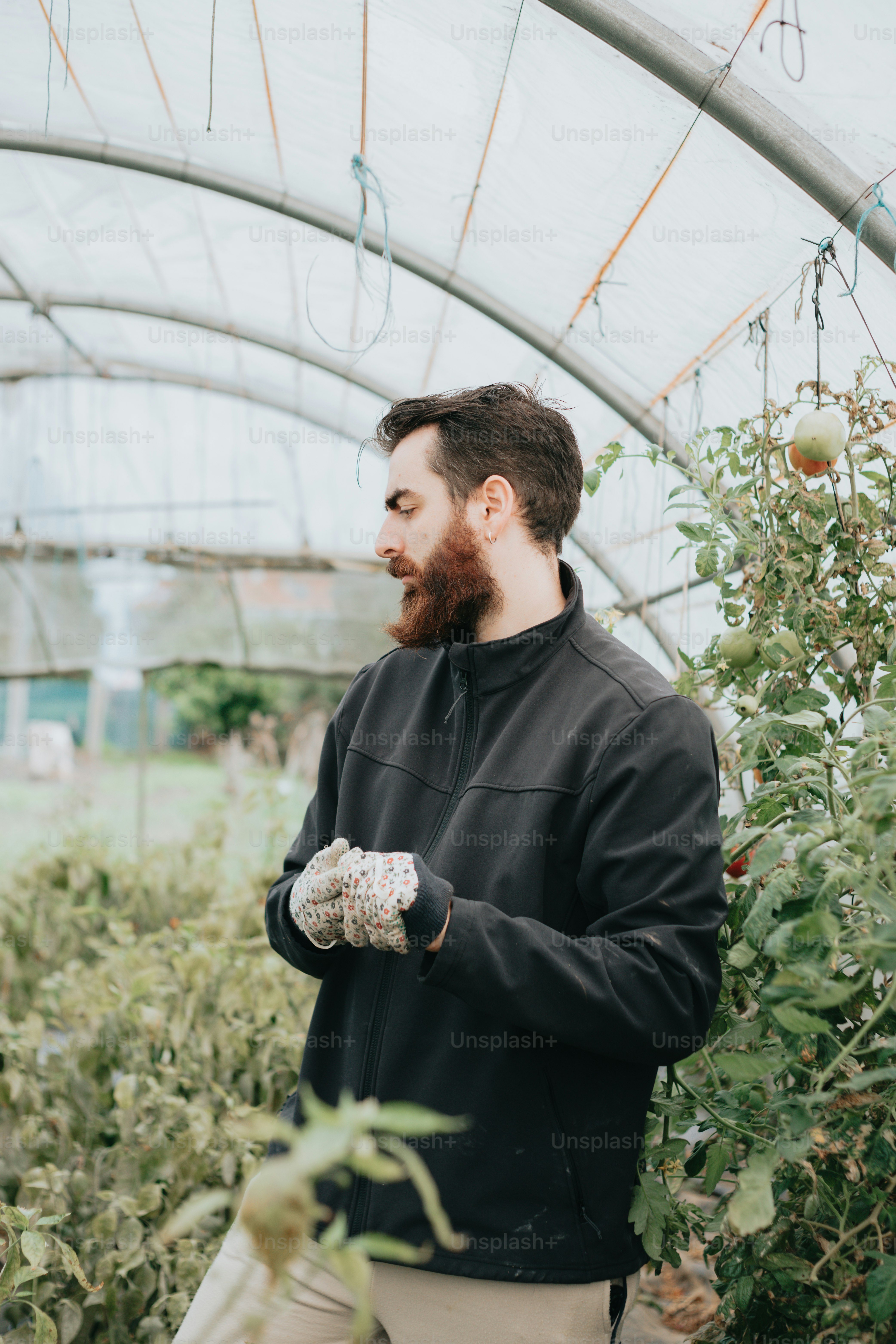 a man with a beard is holding something in his hand