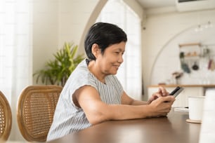 Happy Senior mature female sitting using smartphone at home, Leisure, Active Lifestyle