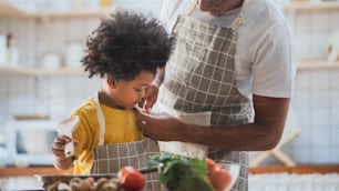 African American father and son cooking in the kitchen, helping to get dressed, preparing food.
