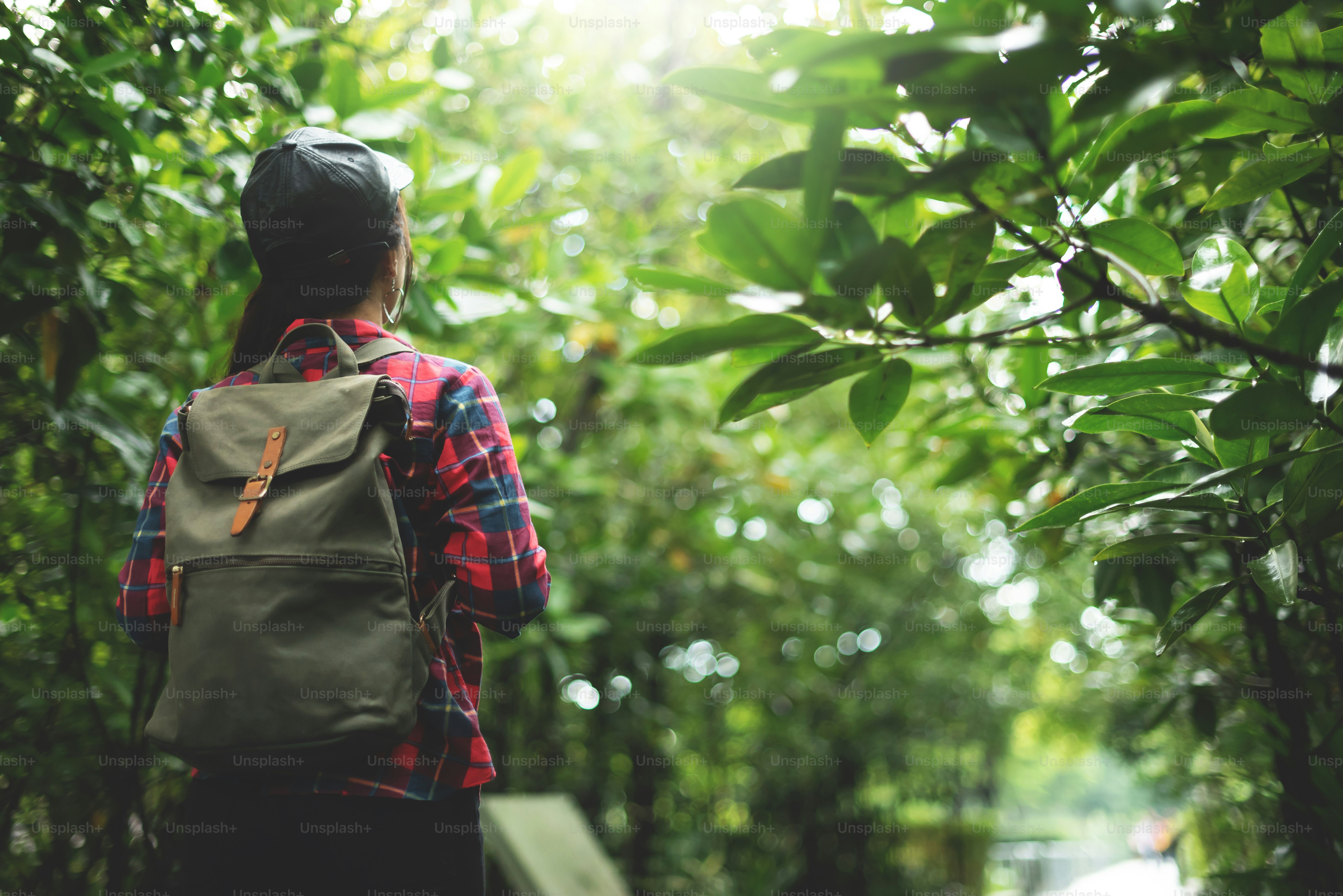 Viajera asiática con camisa roja a cuadros con mochila caminando por el bosque. Vista trasera. Trekking.