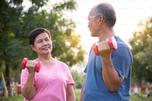Happy Asian Senior couple exercising with lifting dumbbell at park outdoor together.