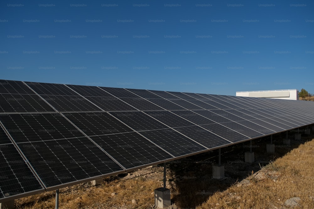 Una fila de paneles solares sentados en la parte superior de un campo de hierba seca
