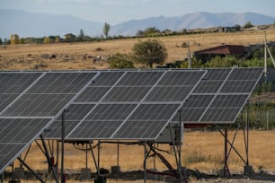 Una fila de paneles solares sentados en la parte superior de un campo de hierba seca