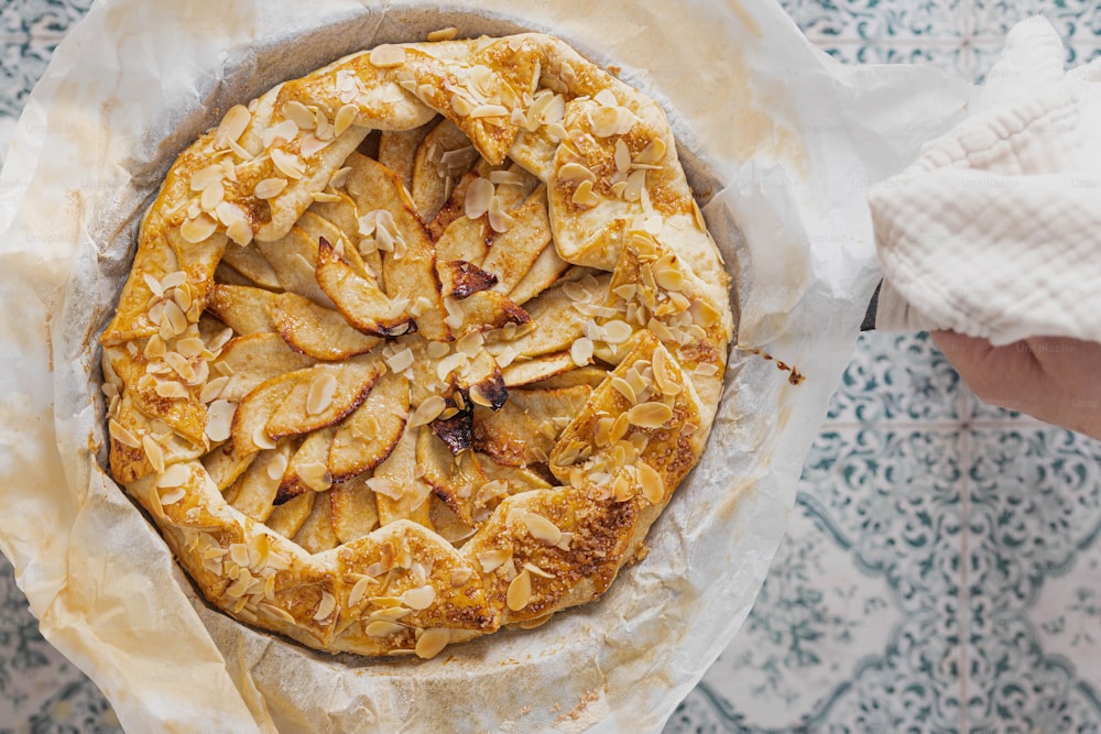 a pie sitting on top of a piece of paper