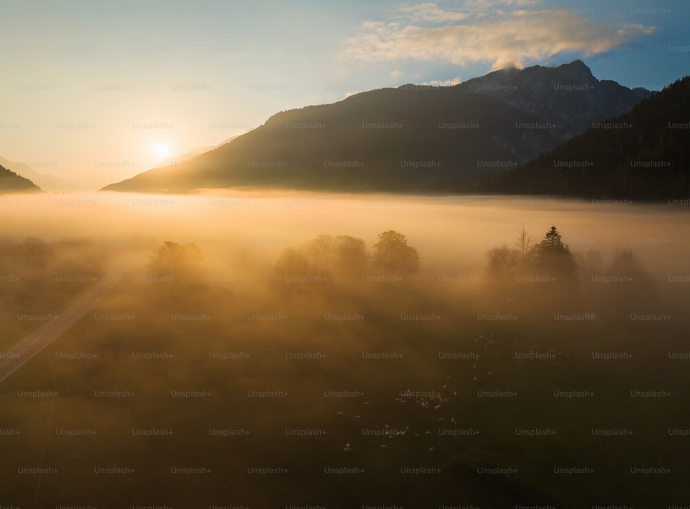 the sun is setting over a foggy valley