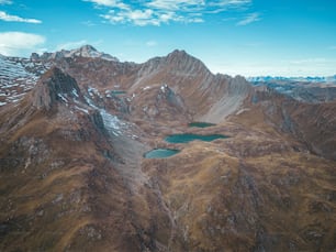 Una vista aérea de una cadena montañosa con un lago en el medio