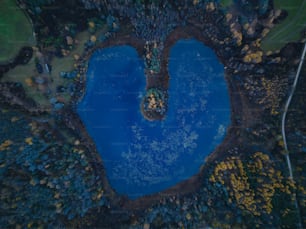 Una vista aerea di un lago a forma di cuore