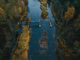 an aerial view of a body of water surrounded by trees