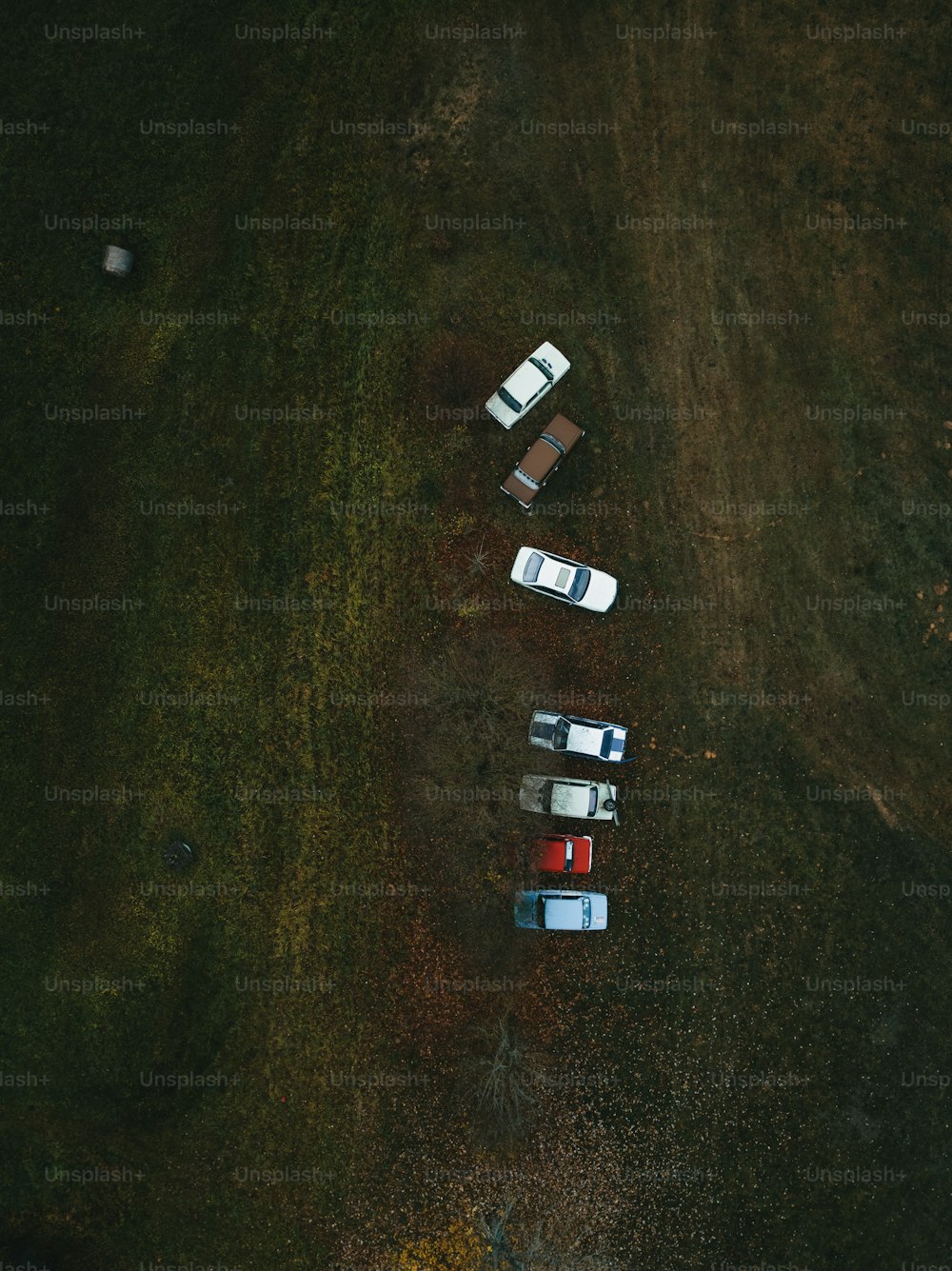 a group of four parked cars sitting in a field