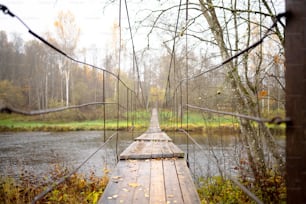 木々に囲まれた川に架かる木製の橋