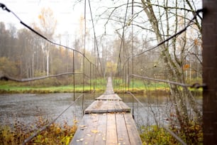 a wooden bridge over a river surrounded by trees