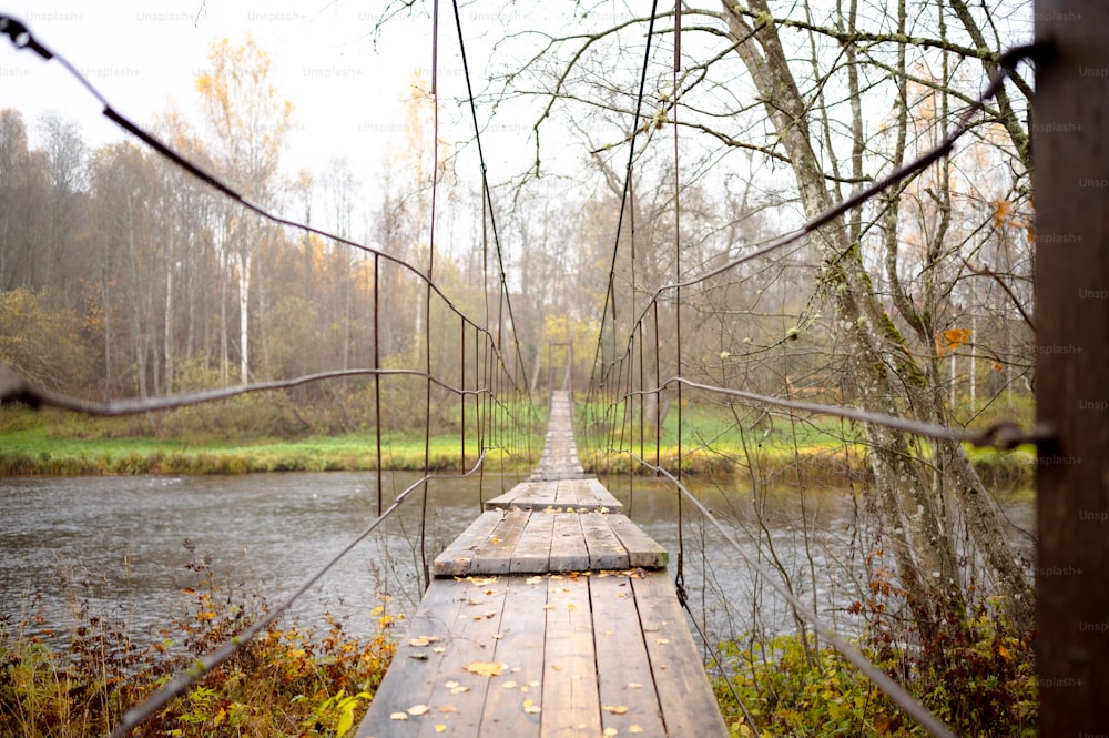 eine Holzbrücke über einen Fluss, umgeben von Bäumen