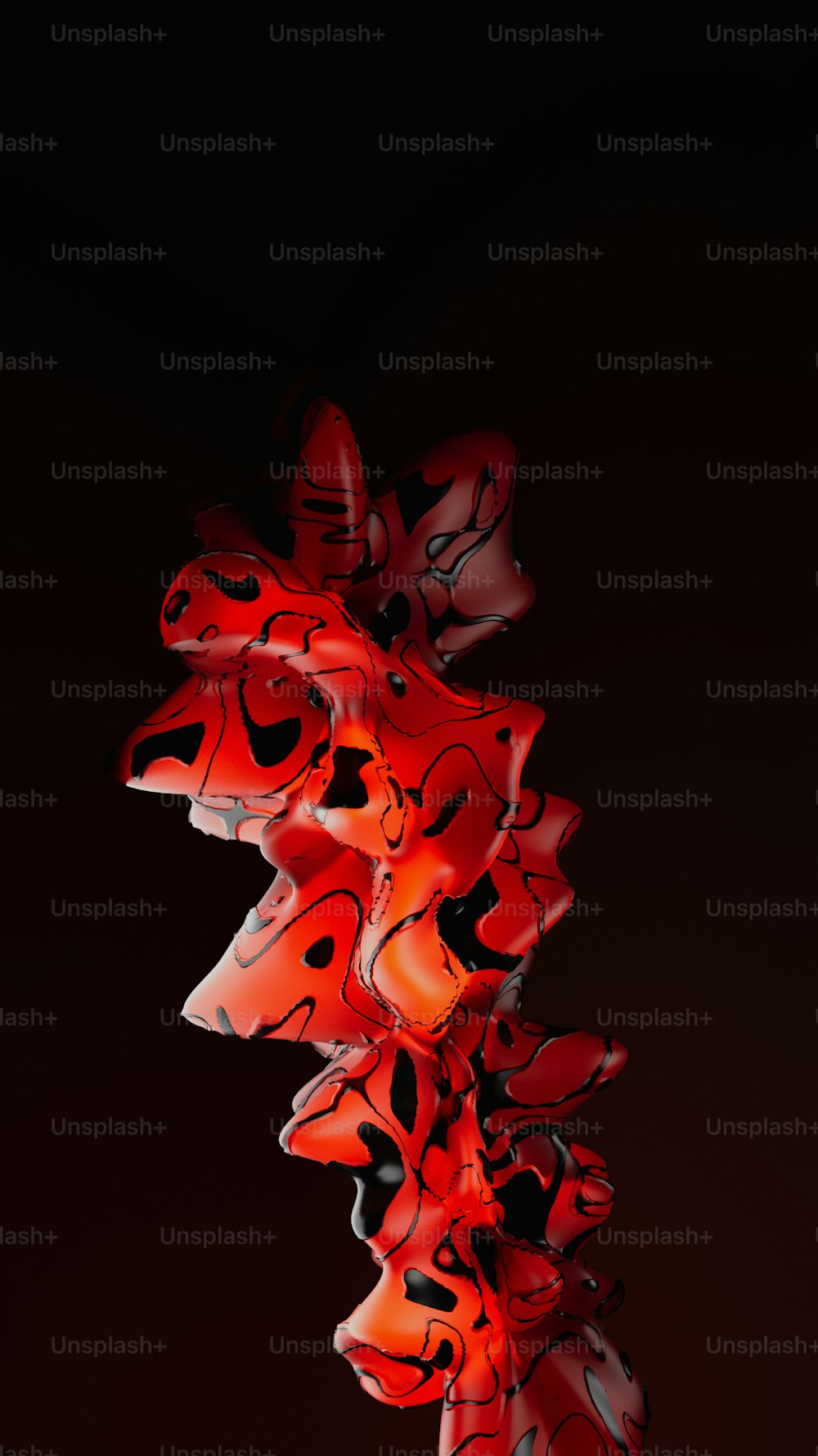 a black background with red and black shapes