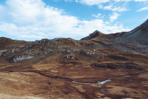 a mountain range with a stream running through it