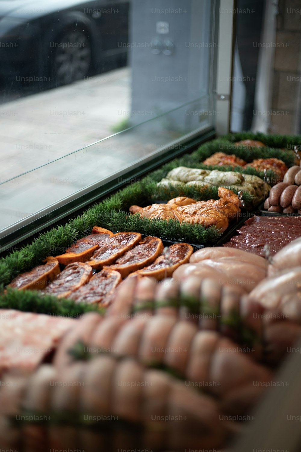 a display case filled with lots of different types of food