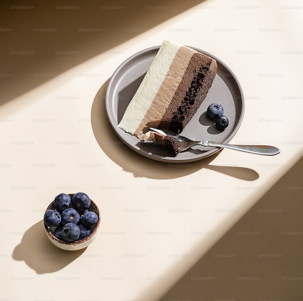 a piece of cake on a plate next to a bowl of blueberries