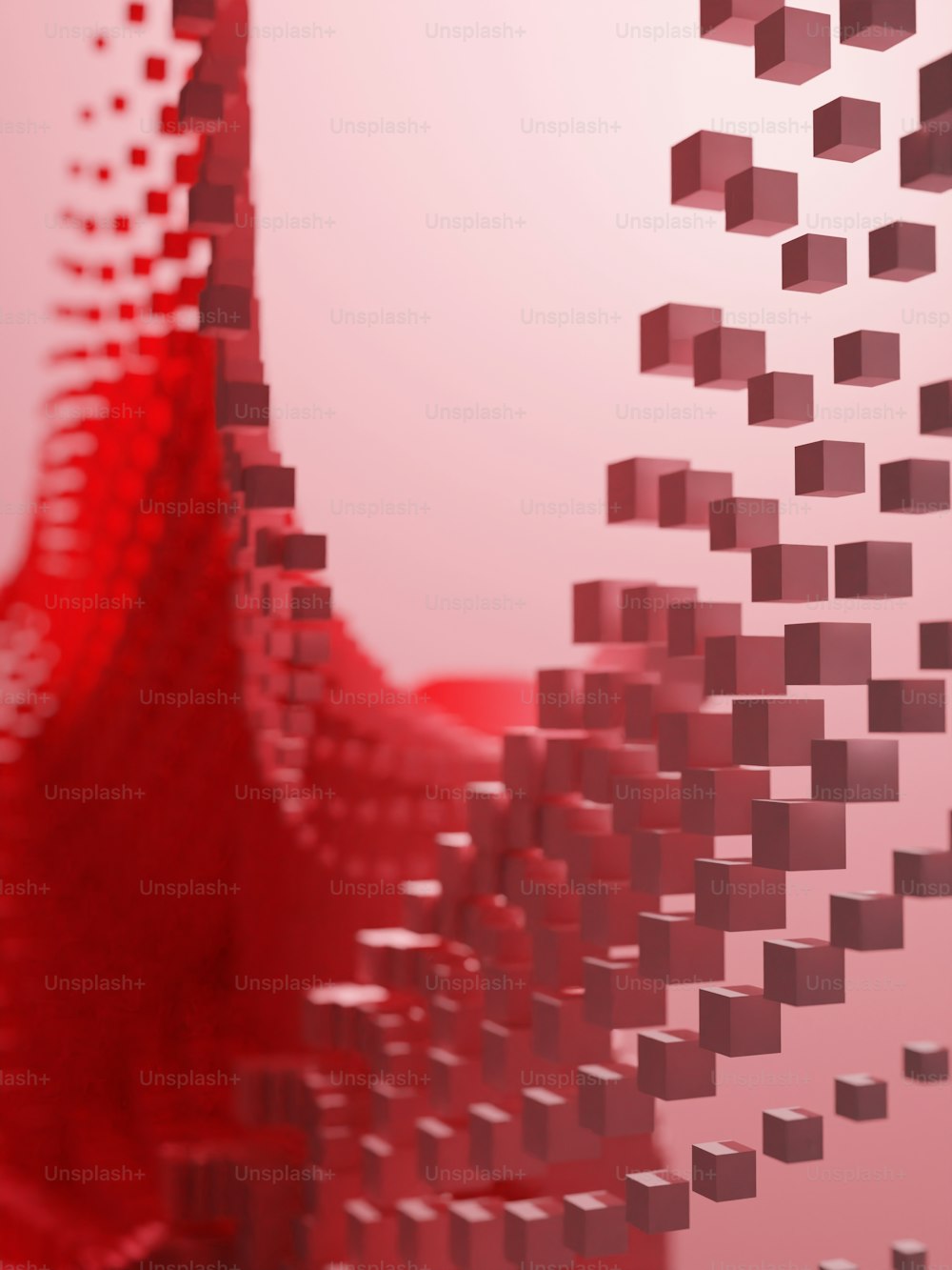 a red abstract background with cubes in the air