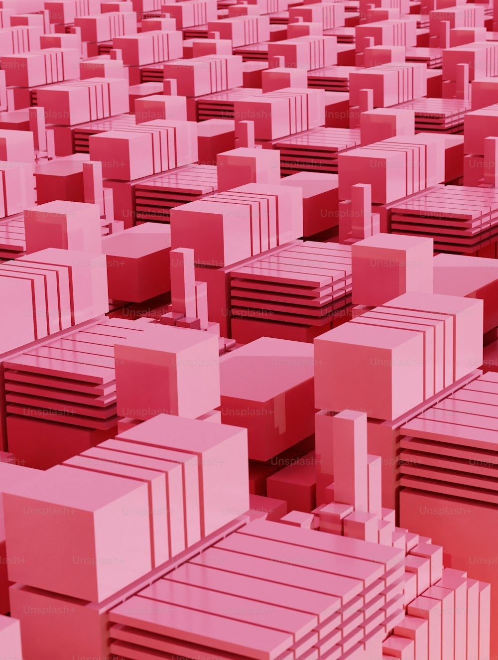 a large group of pink cubes in the middle of a room