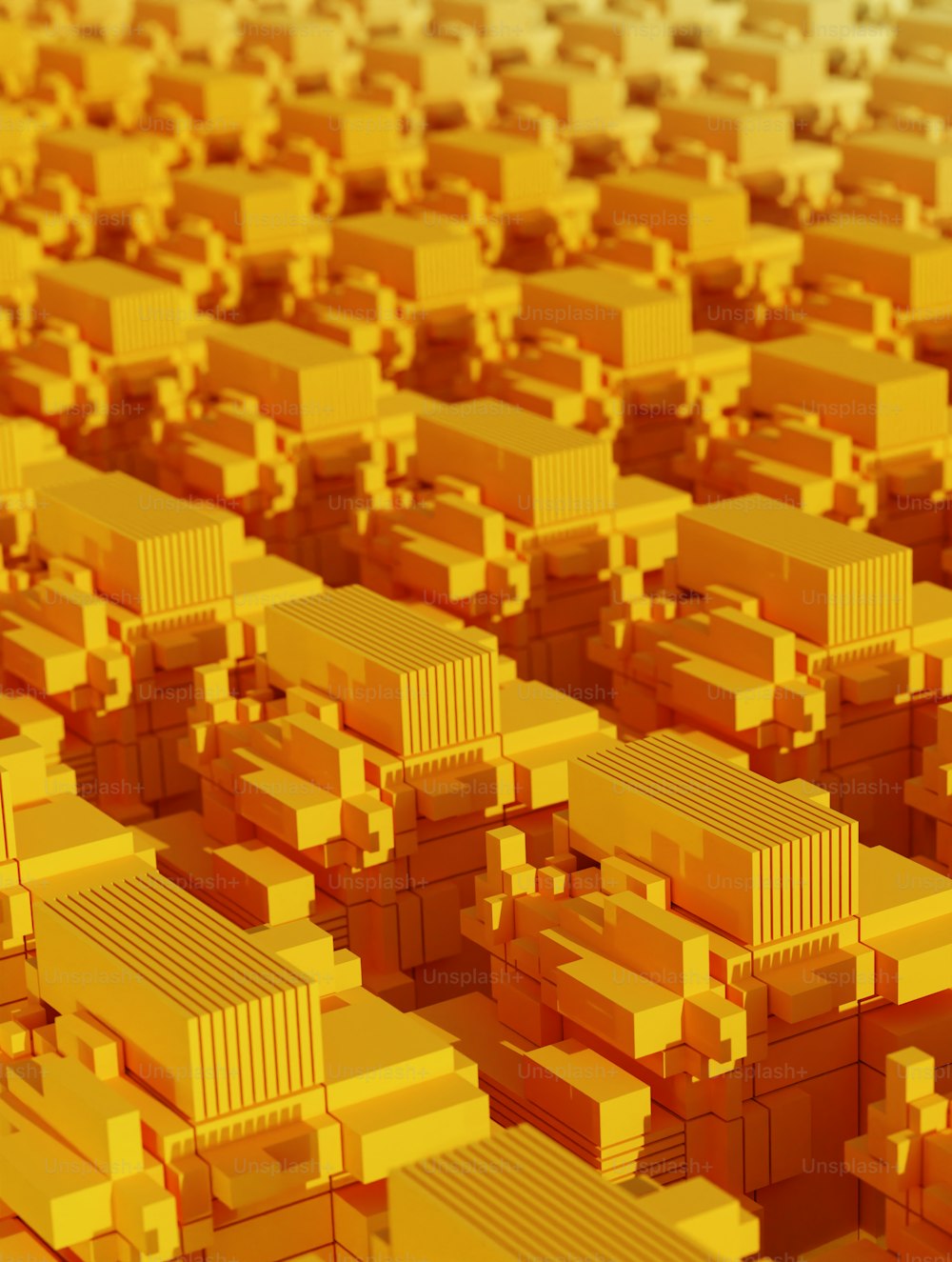 a very large group of yellow boxes that are stacked together