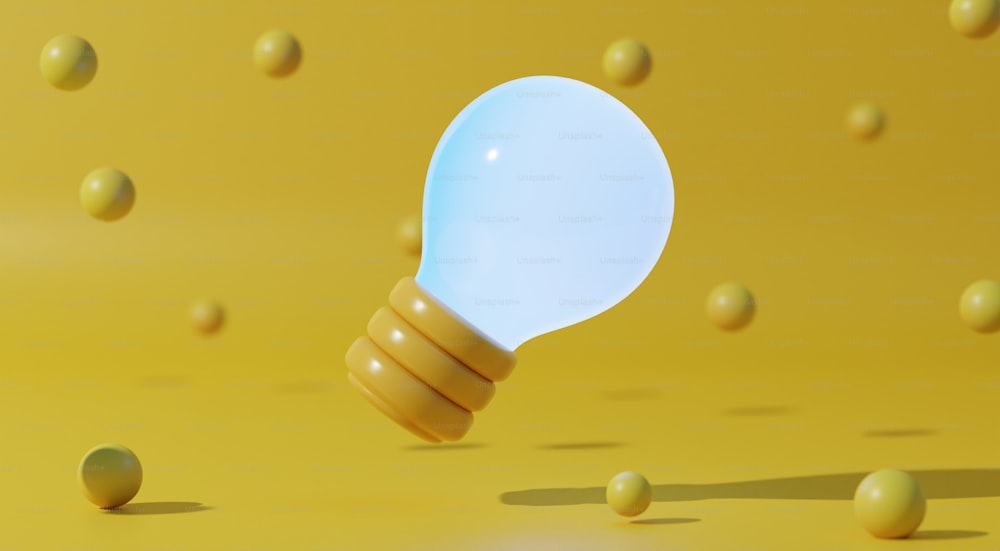 a light bulb is surrounded by balls on a yellow background