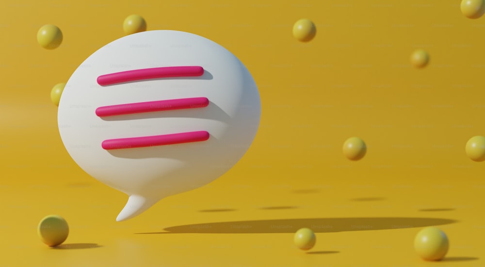 Um balão branco com uma faixa rosa é cercado por bolas amarelas