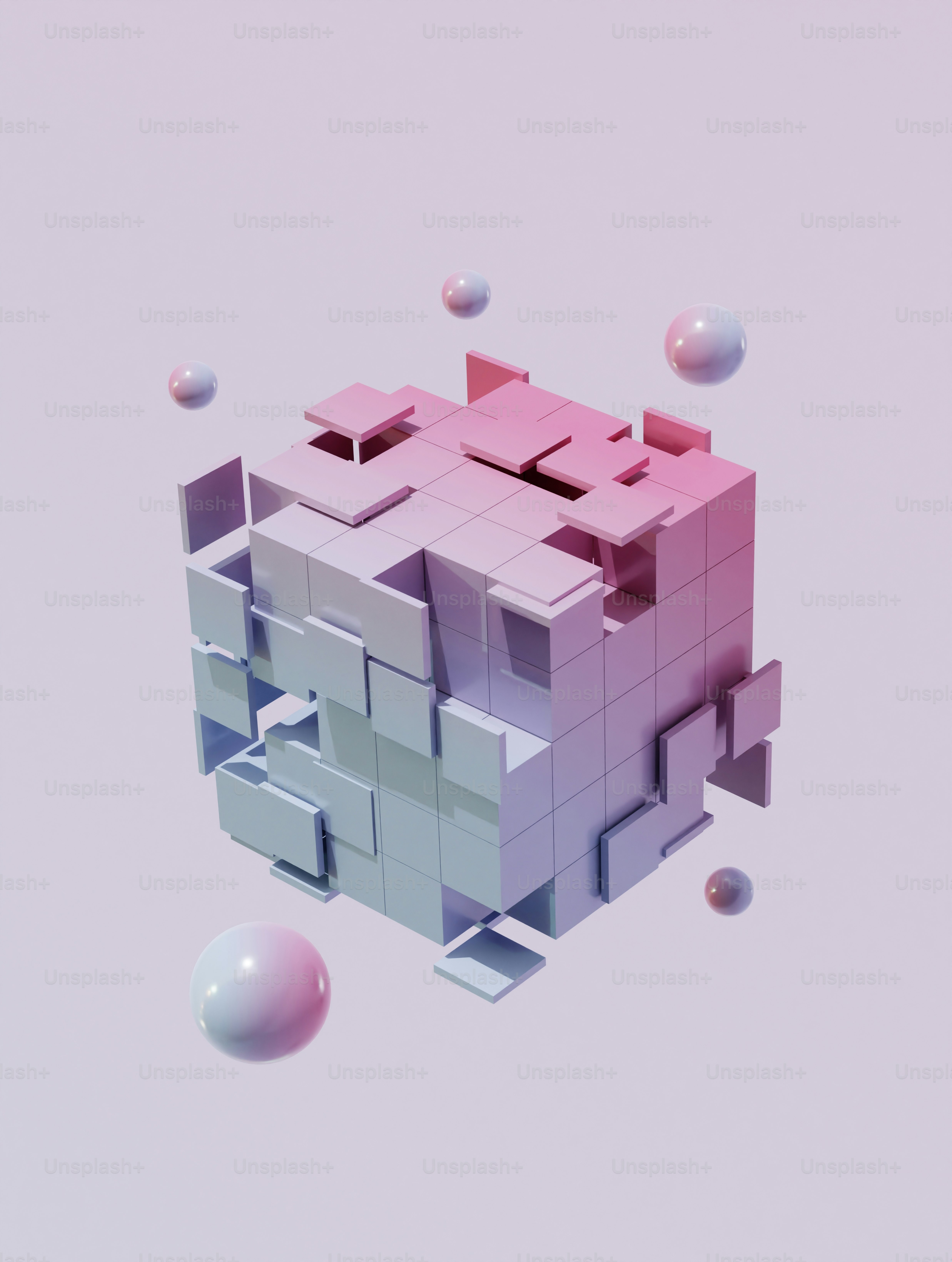 Uma imagem 3D de um cubo com bolhas ao seu redor