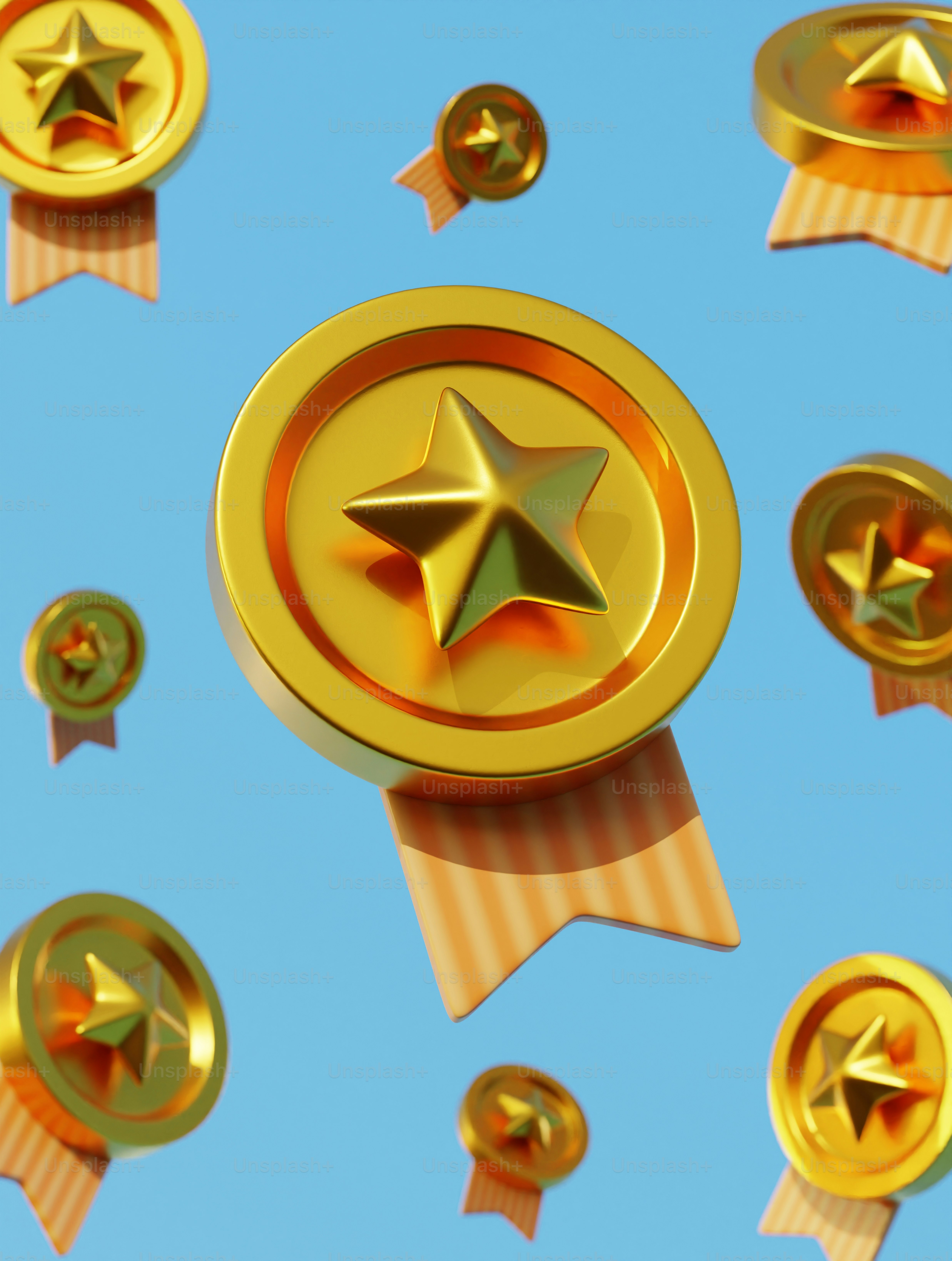 a group of gold stars and ribbons flying through the air