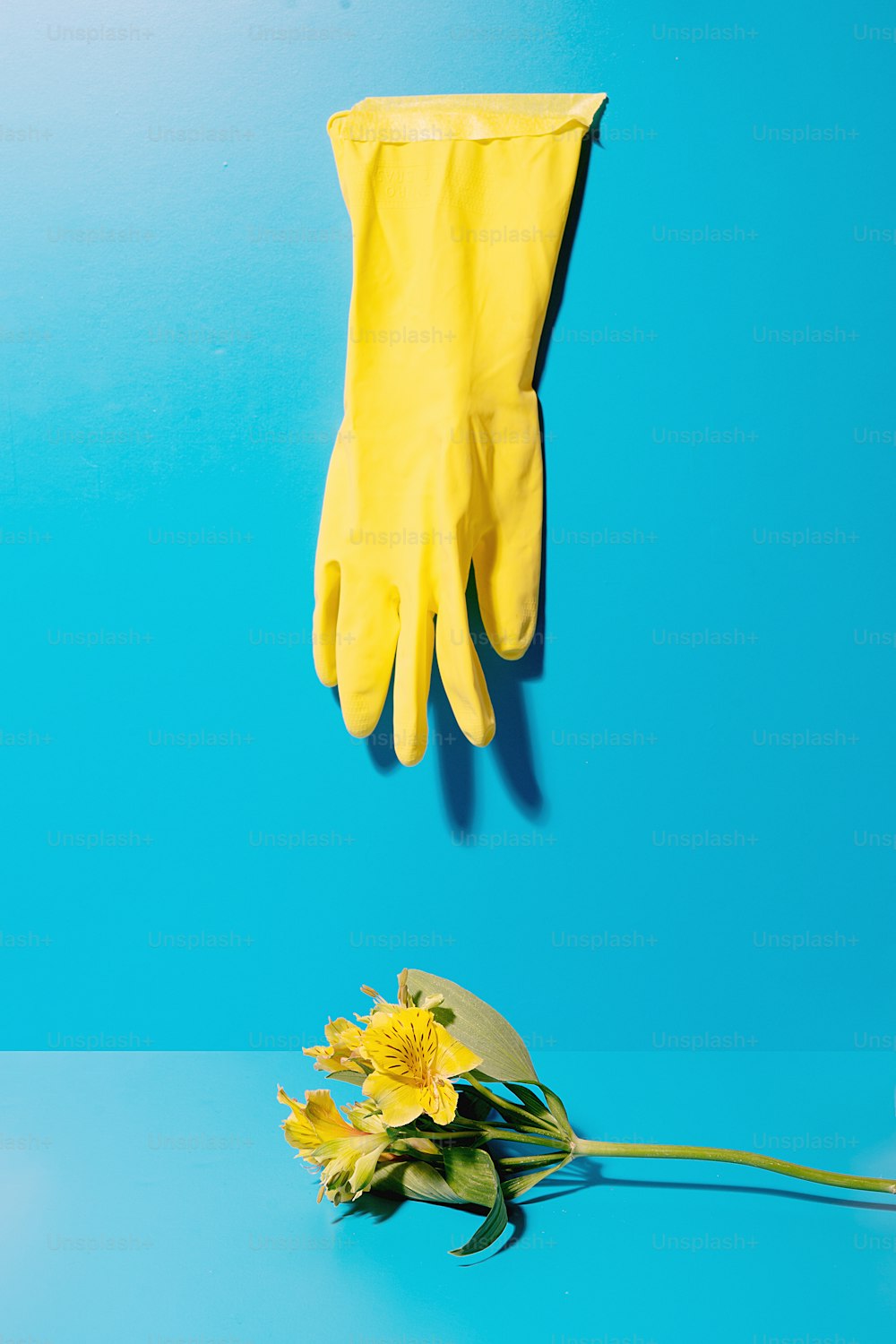 uma luva amarela e flores amarelas em um fundo azul