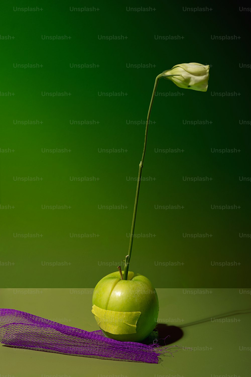 uma maçã verde sentada em cima de uma mesa