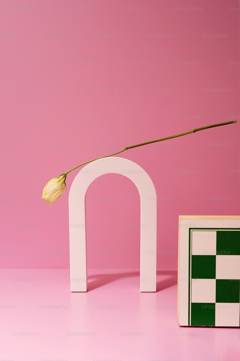 a pink wall with a white sculpture and a yellow flower
