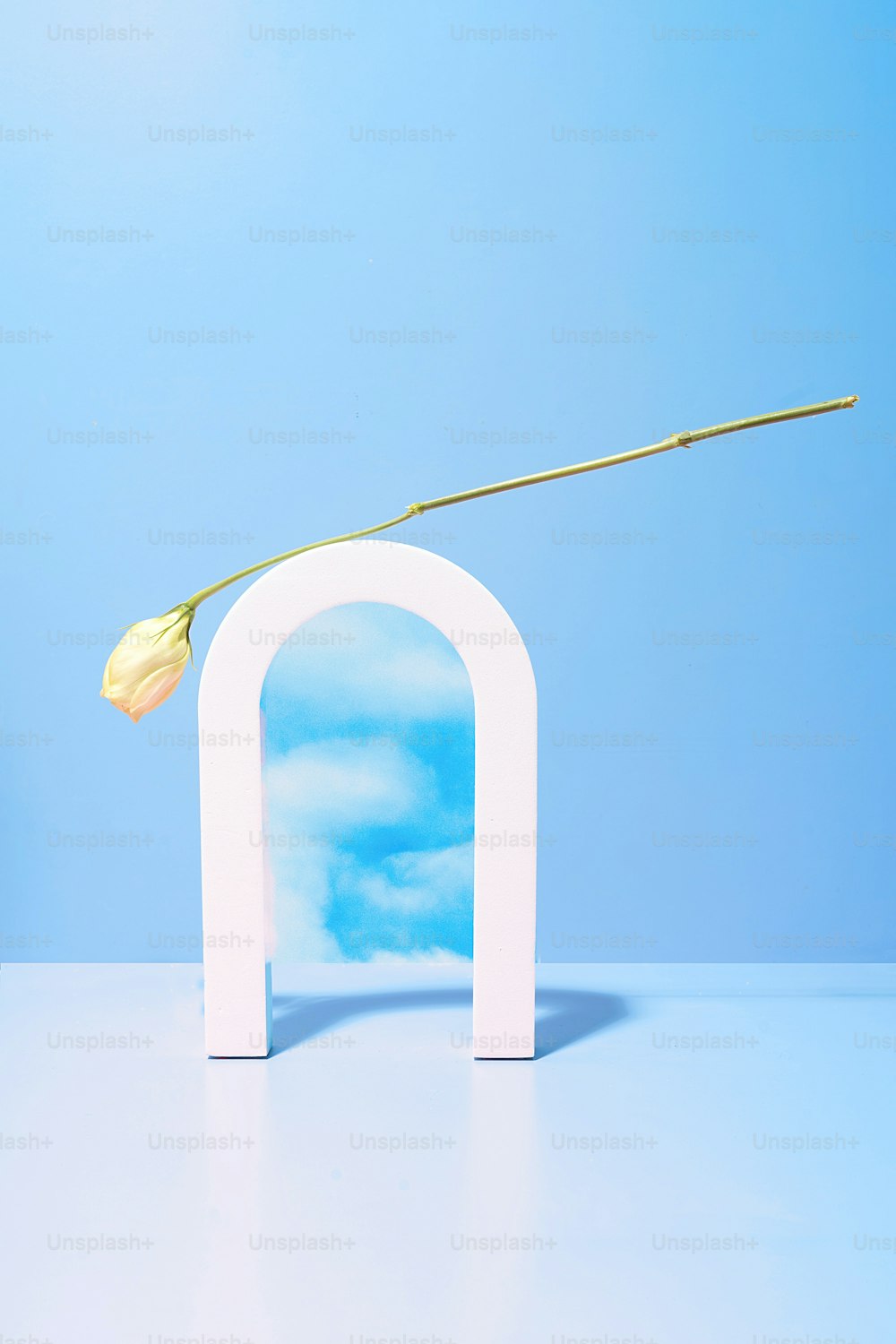 a white arch with a yellow flower sticking out of it