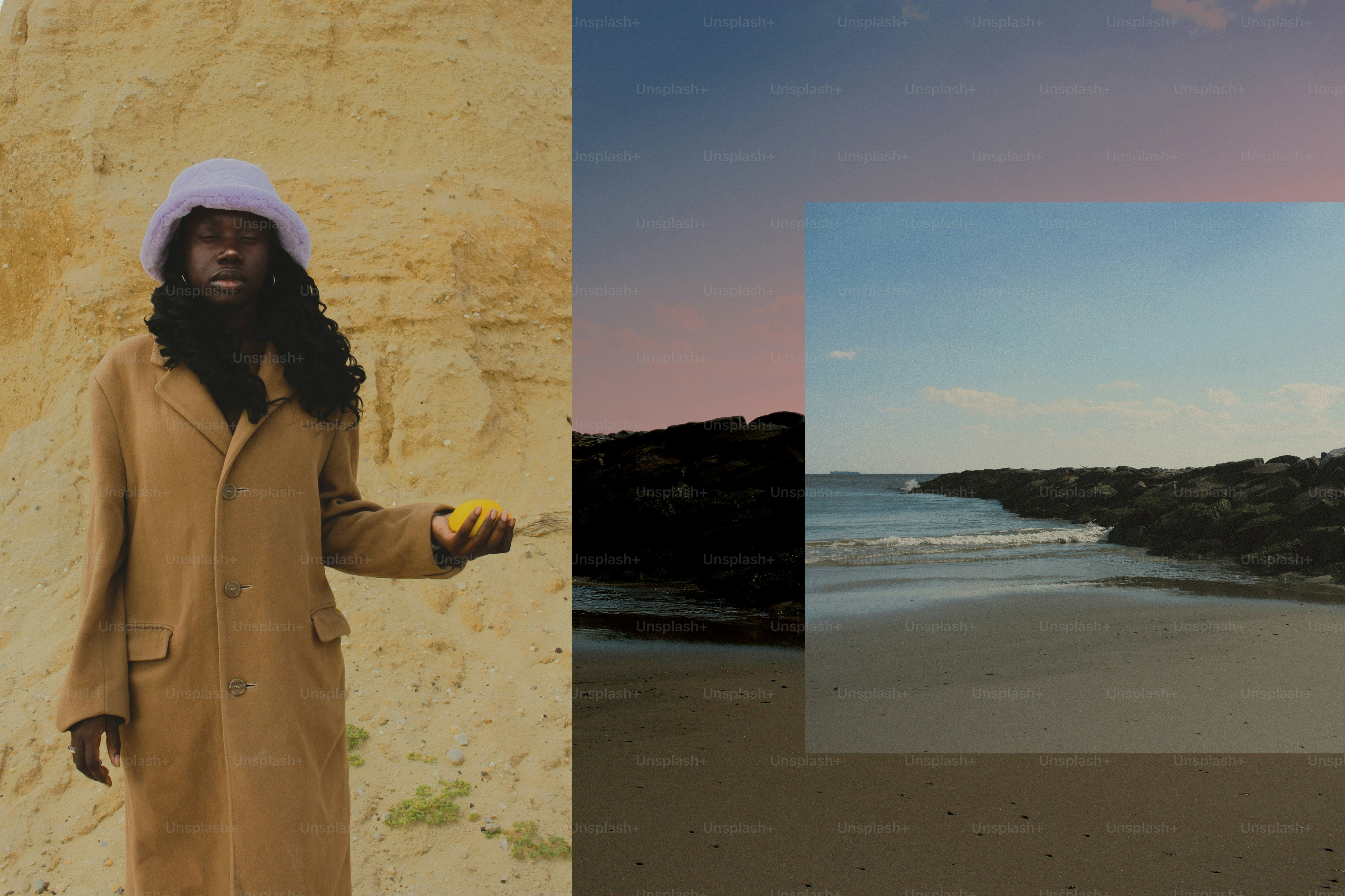 a man standing on a beach holding a banana