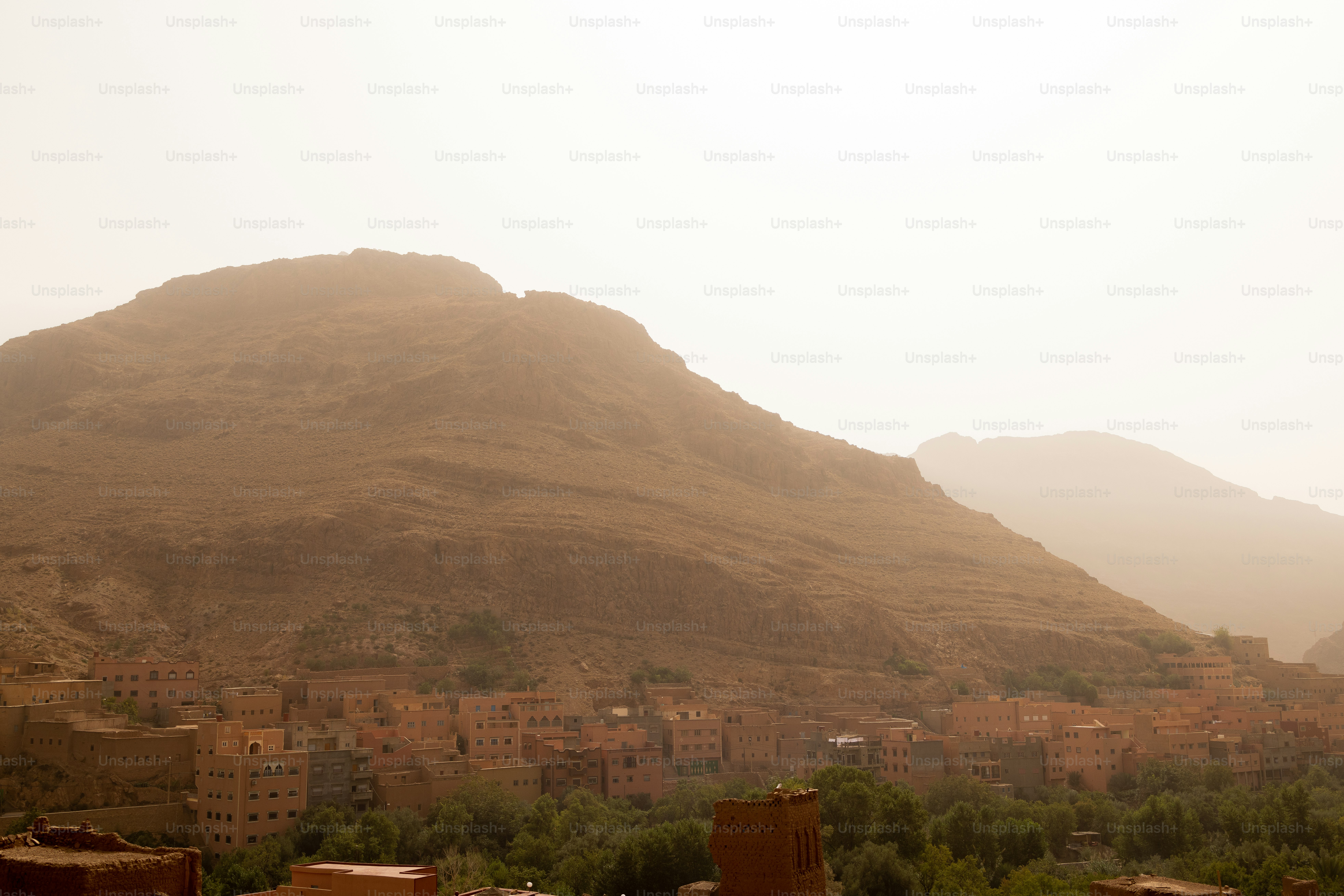 a view of a city with a mountain in the background