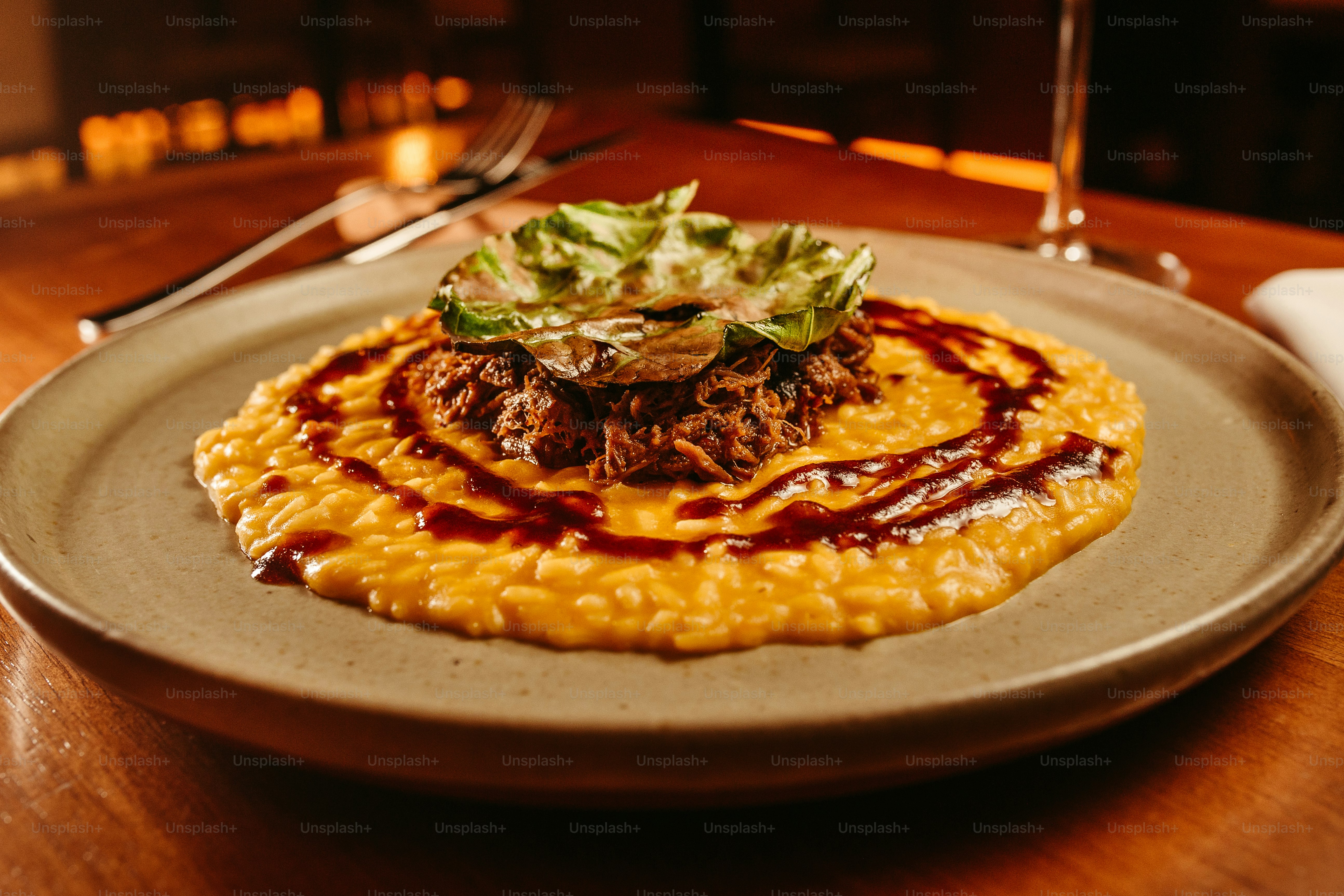 a plate of food on a wooden table